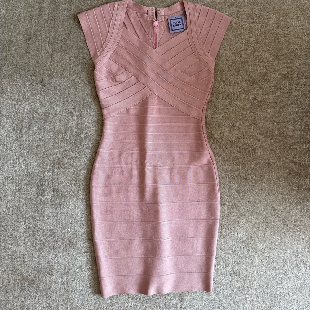 Herve Leger Pink Ribbed Bodycon Mini Dress
